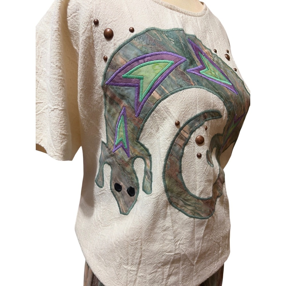 Vtg Alfredo's Wife XS Southwestern Gecko Appliqué Tie Dye Broomstick Skirt Set - Picture 2 of 12